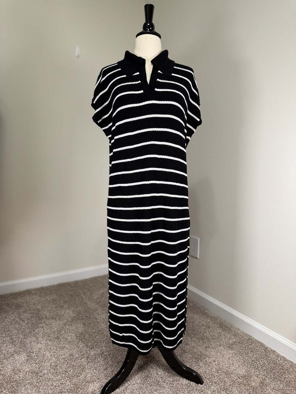 Black and White Striped Collared Knit Sweater Preppy Fall Loungewear Dress